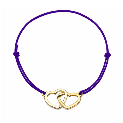 Bracelet cœur en acier doré avec cordon violet ajustable, bijou personnalisable élégant fabriqué en France par Les Inséparables.