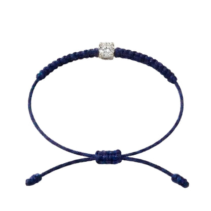 Bracelet cordon bleu marine, pierre de diamant de laboratoire sertie sur or blanc 750/1000, fermoir coulissant réglable