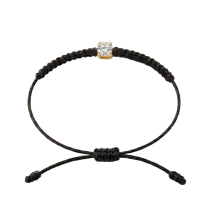 Bracelet cordon noir, pierre de diamant de laboratoire sertie sur or 750/1000, fermoir coulissant réglable