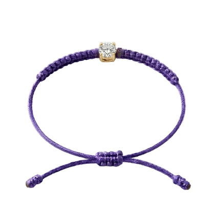 Bracelet cordon violet foncé, pierre de diamant de laboratoire sertie sur or 750/1000, fermoir coulissant réglable
