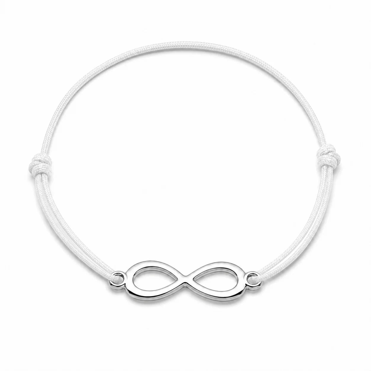 Bracelet infini mixte ajustable argenté avec cordon blanc, vue de face