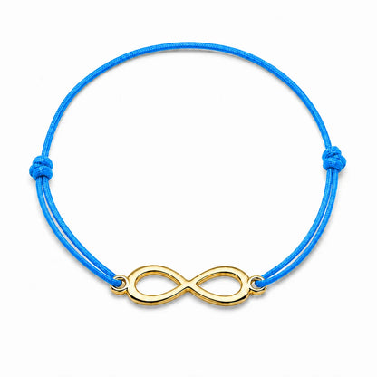 Bracelet infini doré avec cordon bleu clair, vue de face