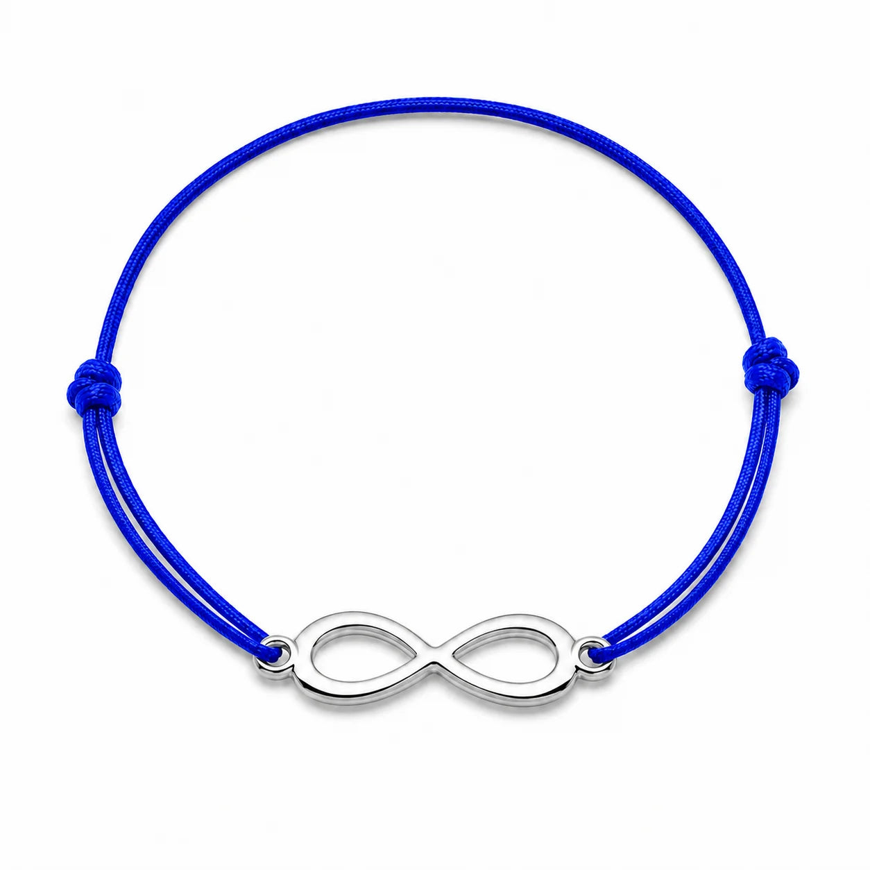 Bracelet infini argenté avec cordon bleu, vue de face