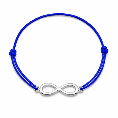 Bracelet infini argenté avec cordon bleu, vue de face