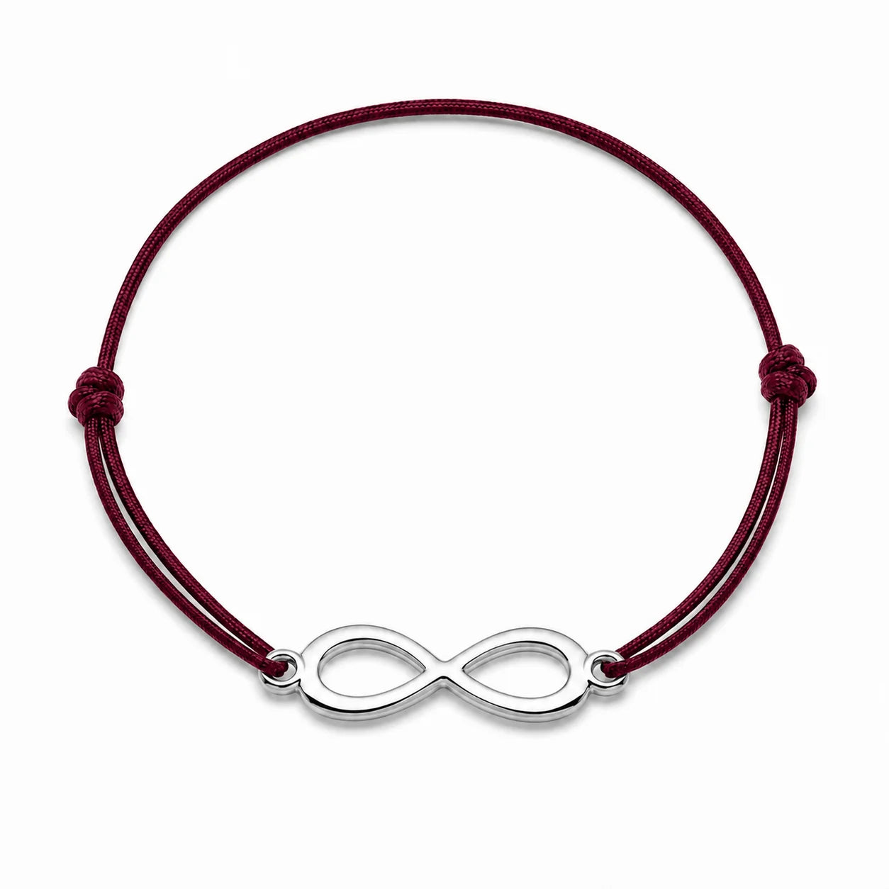 Bracelet infini argenté avec cordon bordeaux, vue de face
