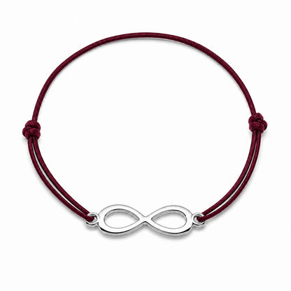 Bracelet infini argenté avec cordon bordeaux, vue de face