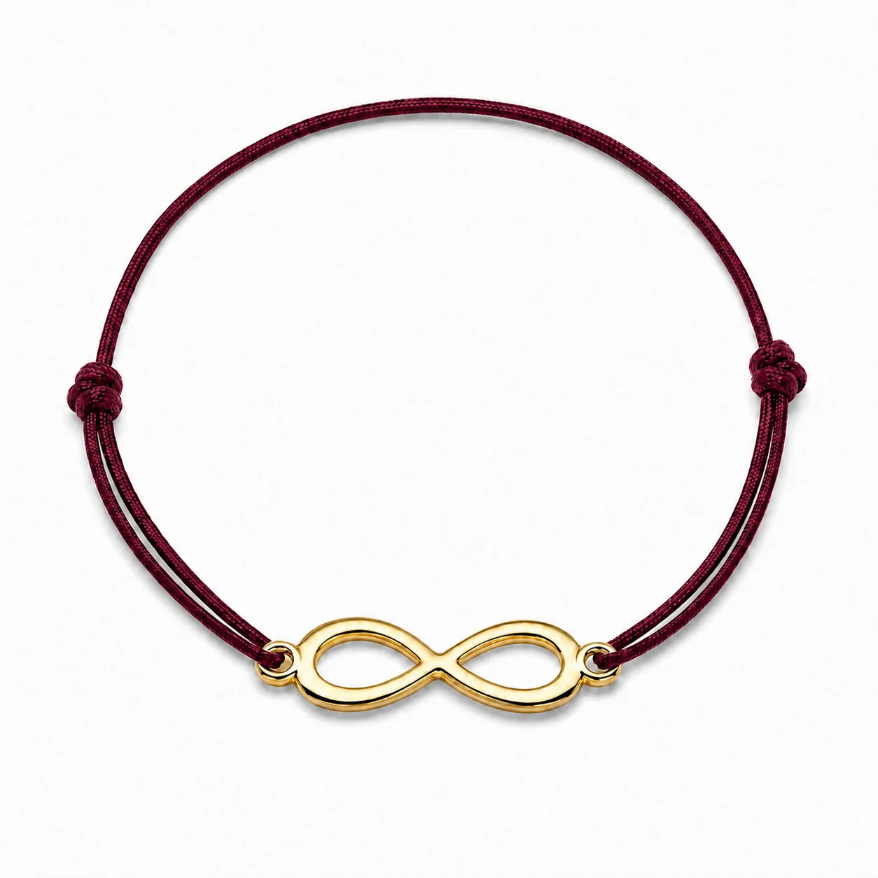 Bracelet infini doré avec cordon bordeaux, vue de face