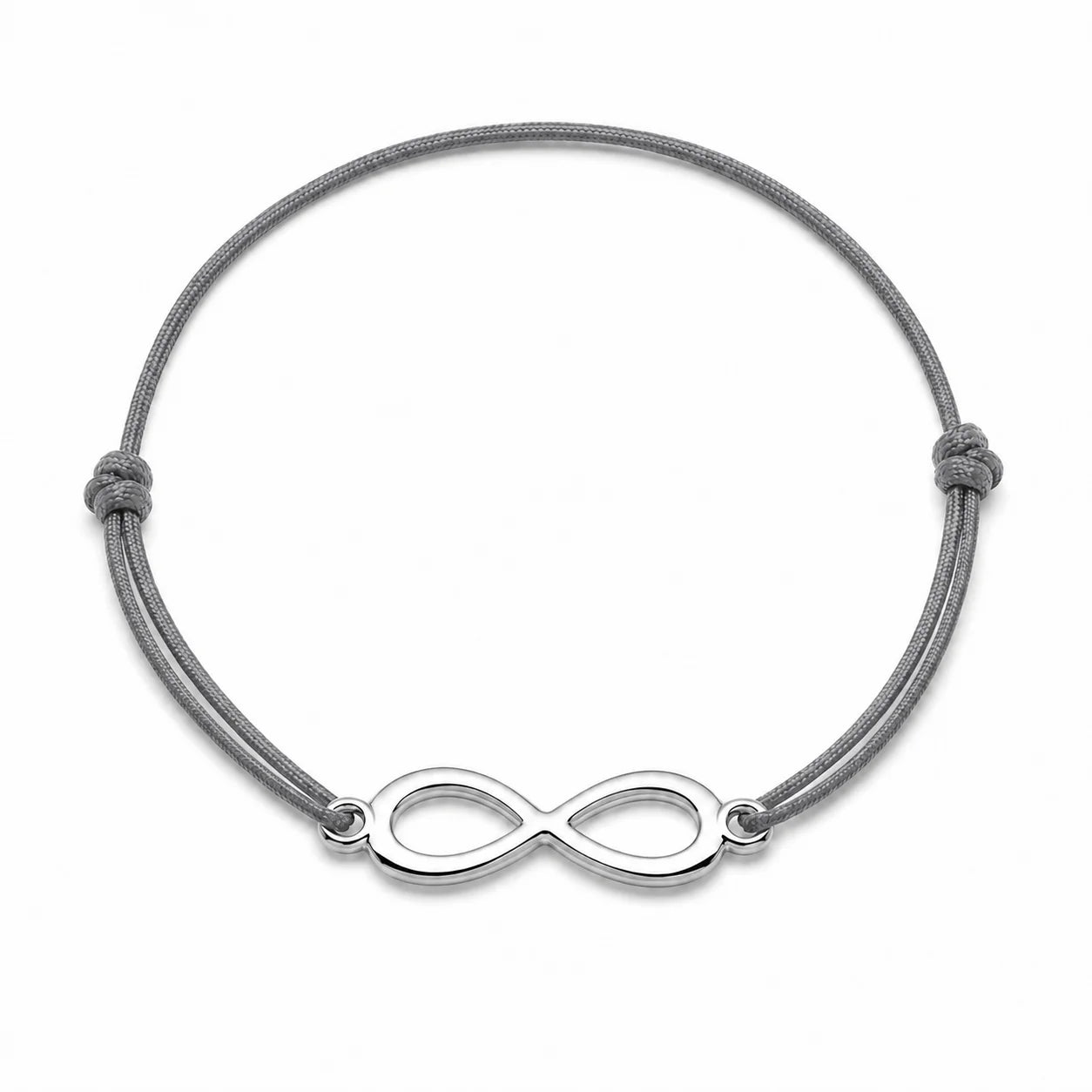 Bracelet infini argenté avec cordon gris, vue de face