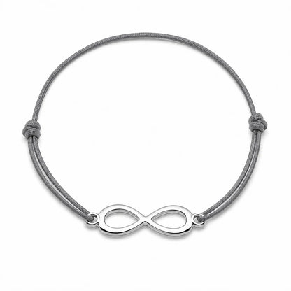 Bracelet infini argenté avec cordon gris, vue de face