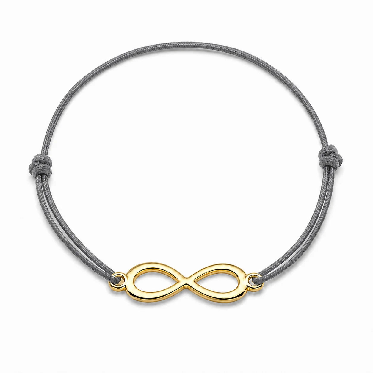 Bracelet infini ajustable doré avec cordon gris, vue de face