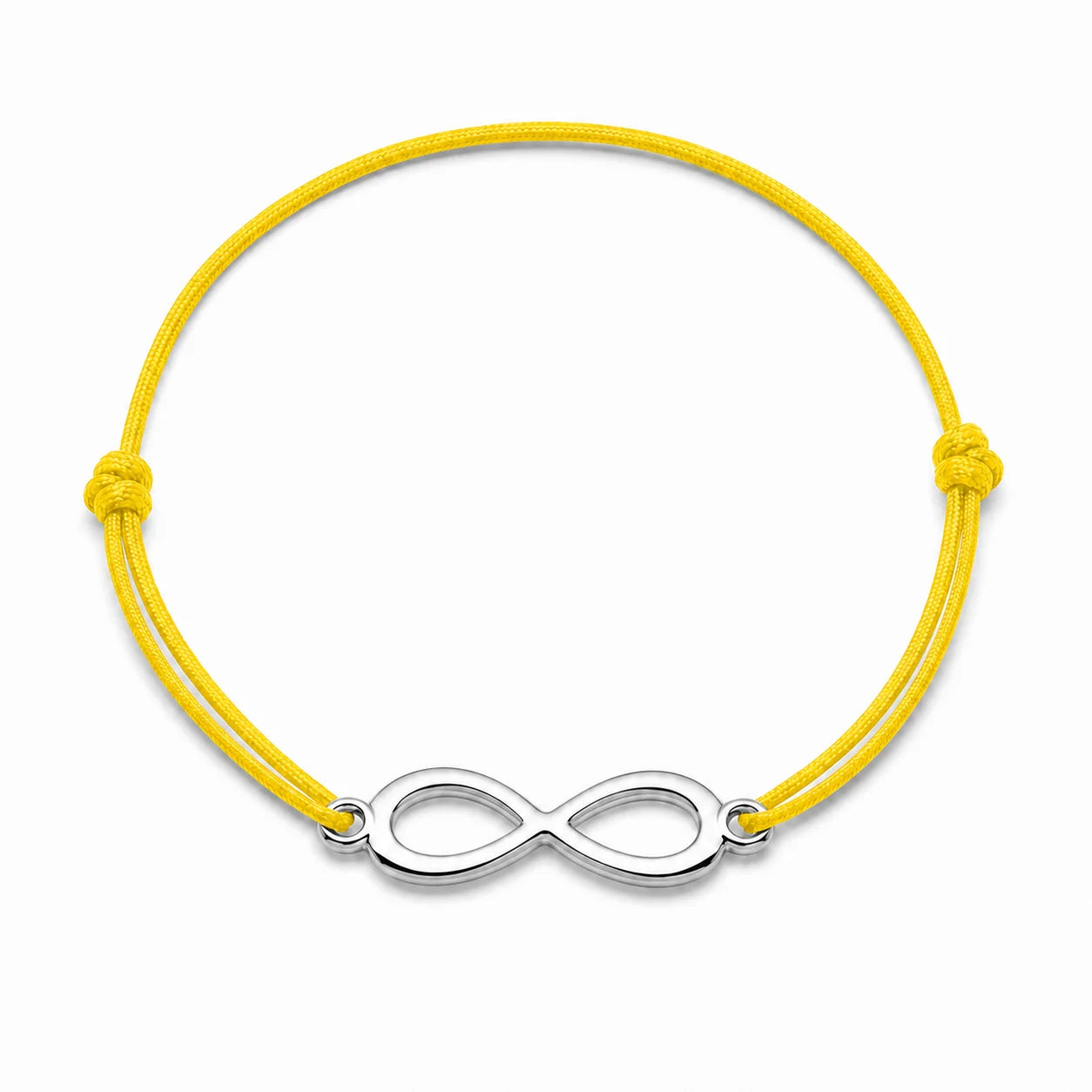 Bracelet infini argenté avec cordon jaune, vue de face