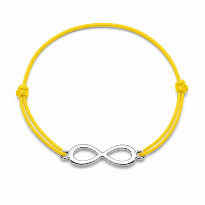 Bracelet infini argenté avec cordon jaune, vue de face