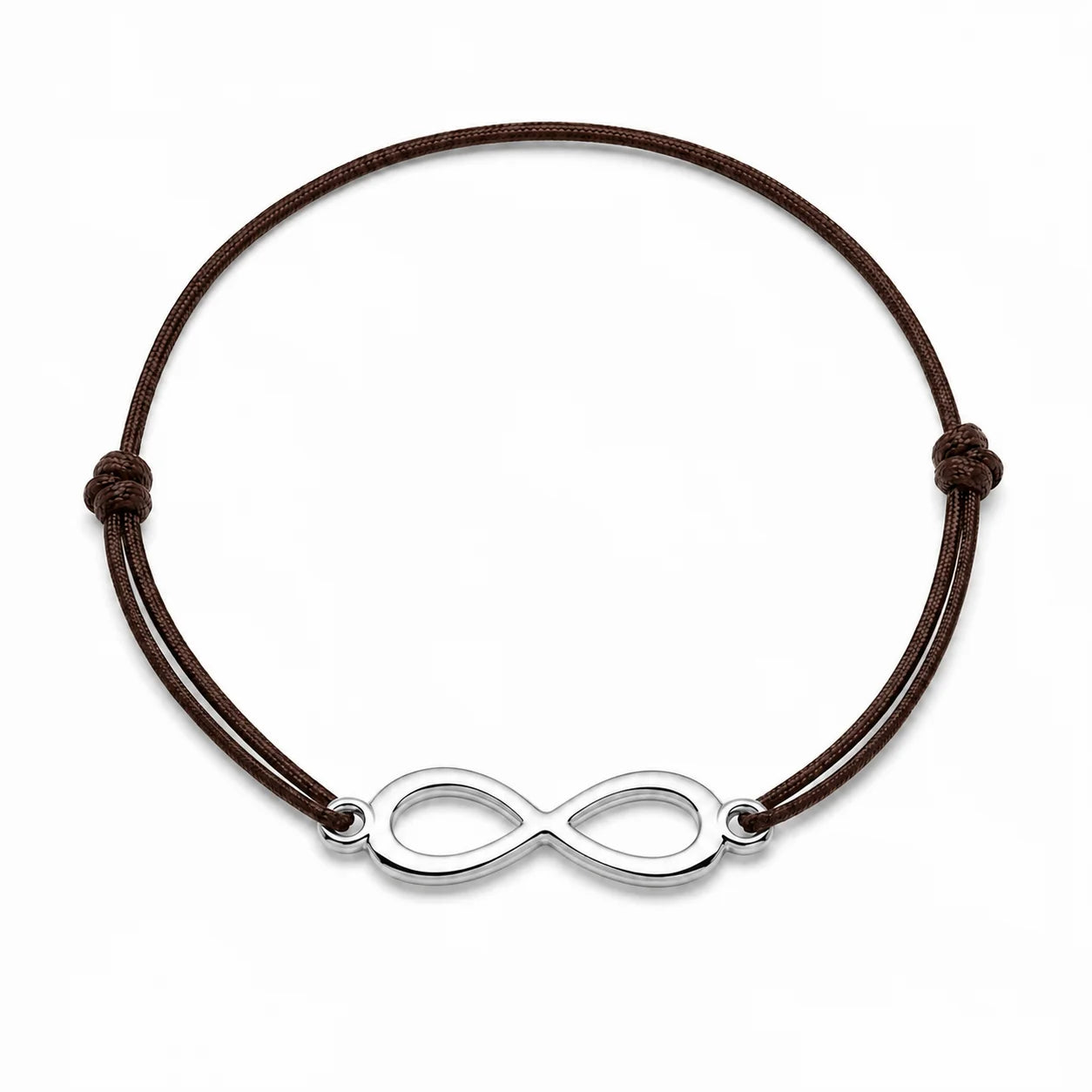 Bracelet infini argenté avec cordon marron vue de face
