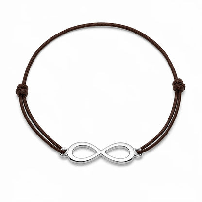 Bracelet infini argenté avec cordon marron vue de face