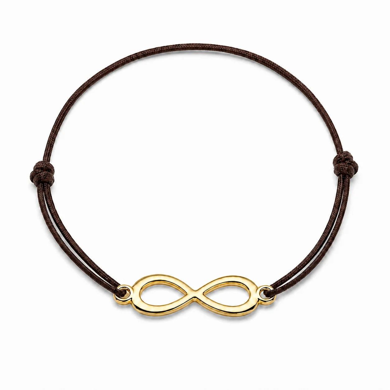 Bracelet infini doré avec cordon marron, vue de face