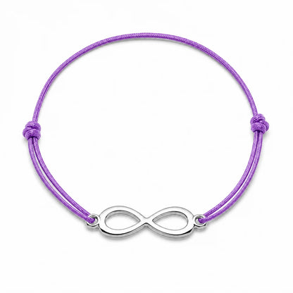 Bracelet infini argenté avec cordon mauve, vue de face