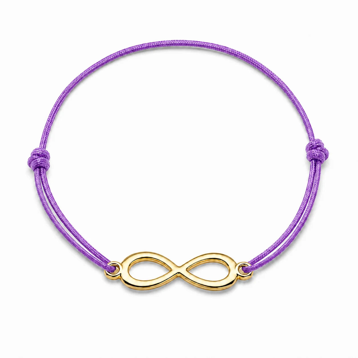 Bracelet infini doré avec cordon mauve, vue de face