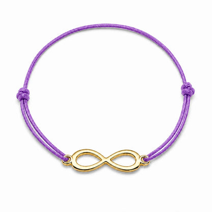 Bracelet infini doré avec cordon mauve, vue de face