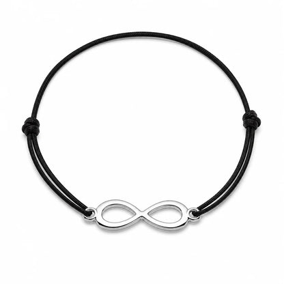 Bracelet infini argenté avec cordon noir, vue de face