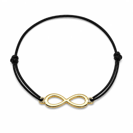 Bracelet infini doré avec cordon noir, vue de face