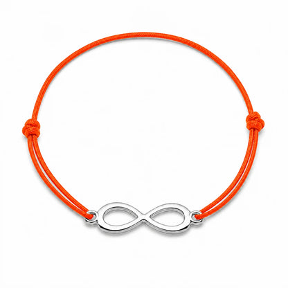 Bracelet infini argenté avec cordon orange, vue de face