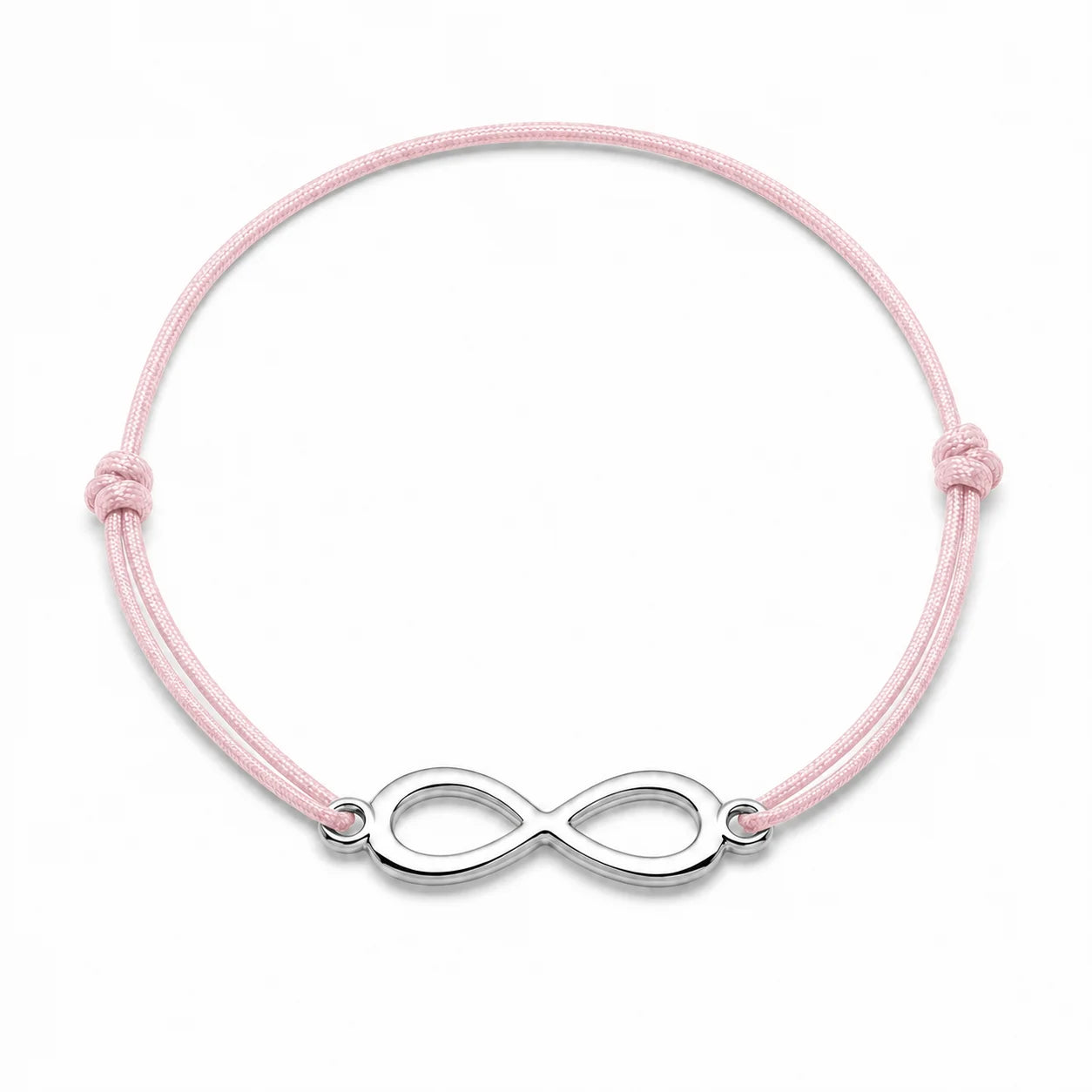 Bracelet infini argenté avec cordon rose clair, vue de face