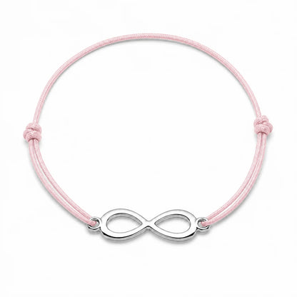 Bracelet infini argenté avec cordon rose clair, vue de face
