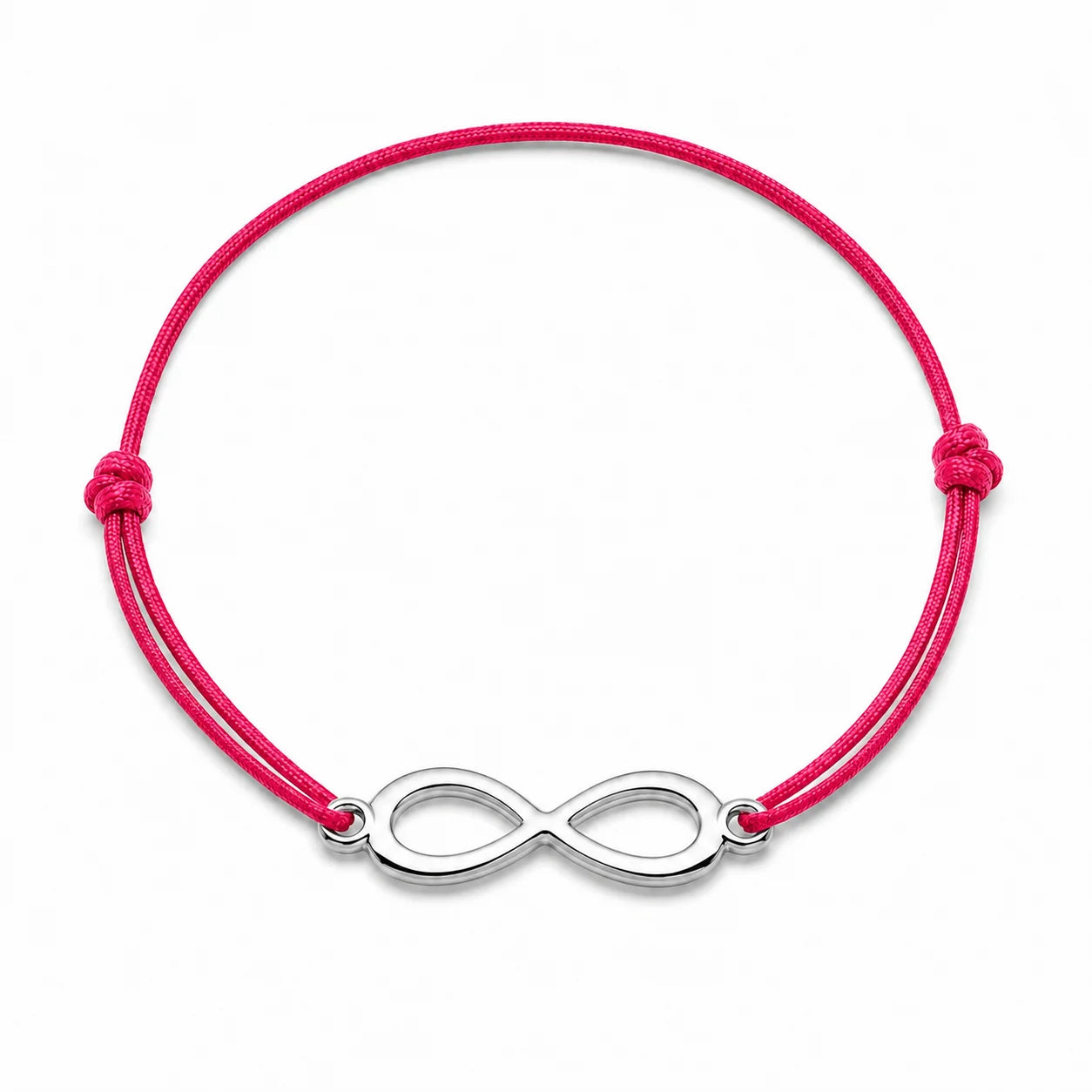 Bracelet infini argenté avec cordon rose, vue de face