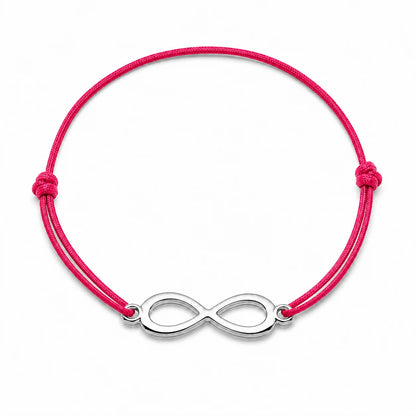 Bracelet infini argenté avec cordon rose, vue de face