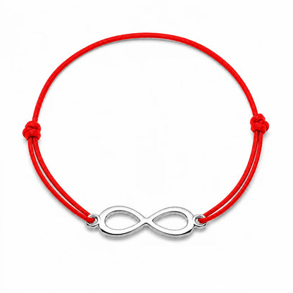 Bracelet infini argenté avec cordon rouge, vue de face