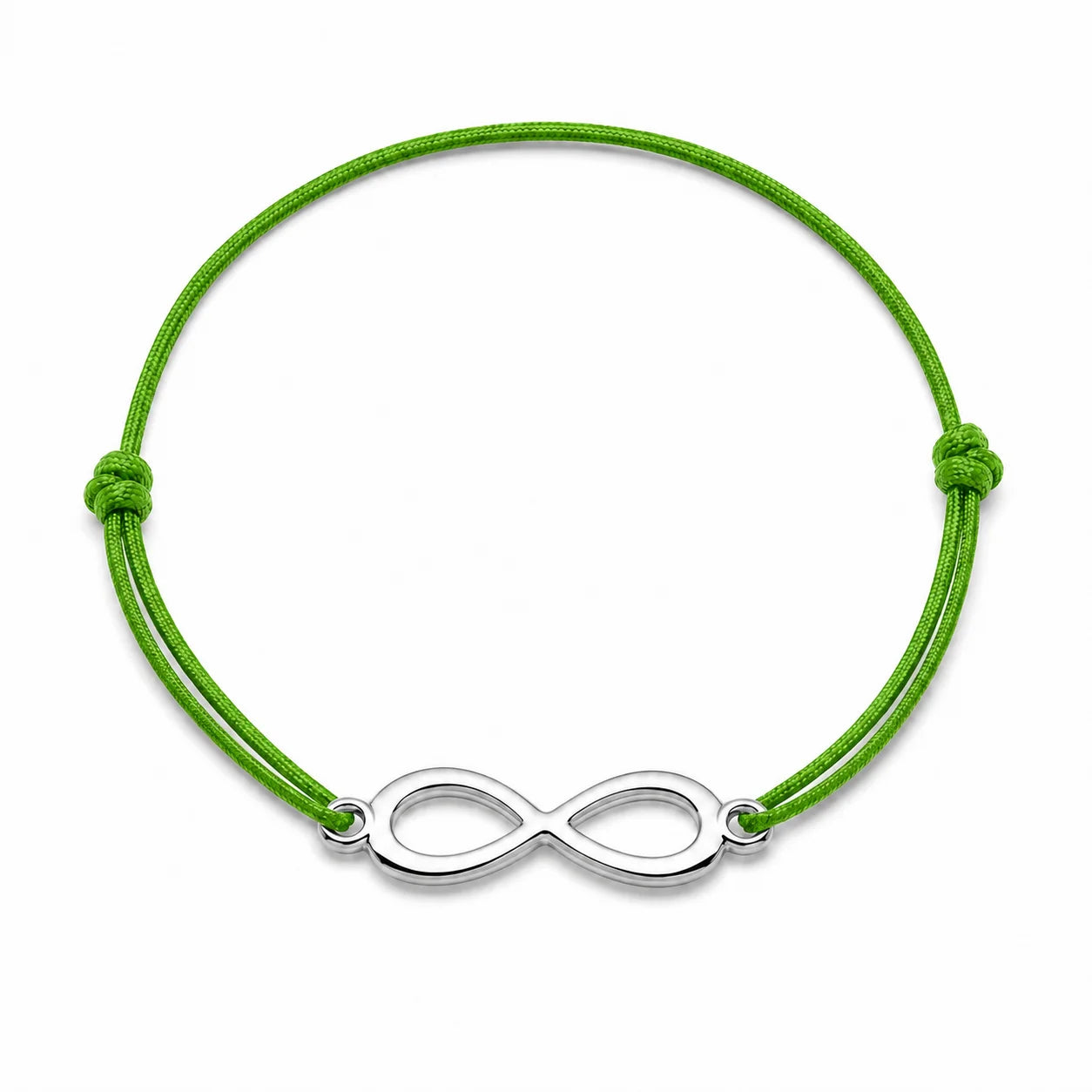 Bracelet infini argent avec cordon vert bouteille, vue de face