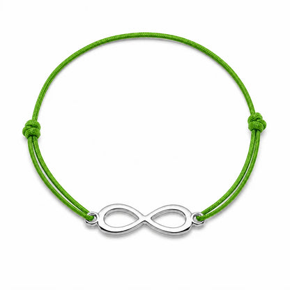 Bracelet infini argent avec cordon vert bouteille, vue de face