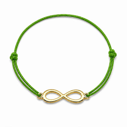 Bracelet infini doré avec cordon vert bouteille vue de face