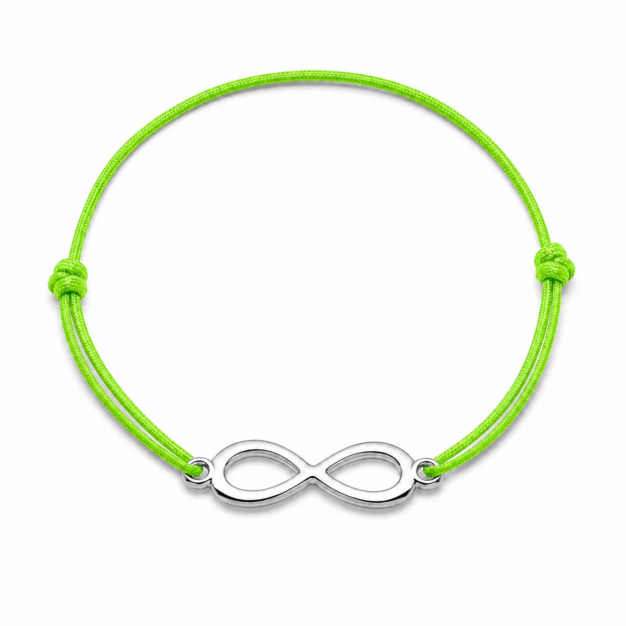 Bracelet infini argenté avec cordon vert pomme, vue de face
