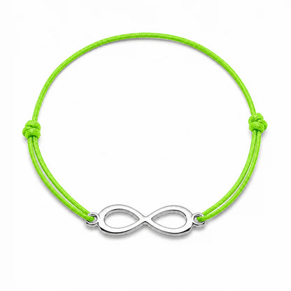 Bracelet infini argenté avec cordon vert pomme, vue de face