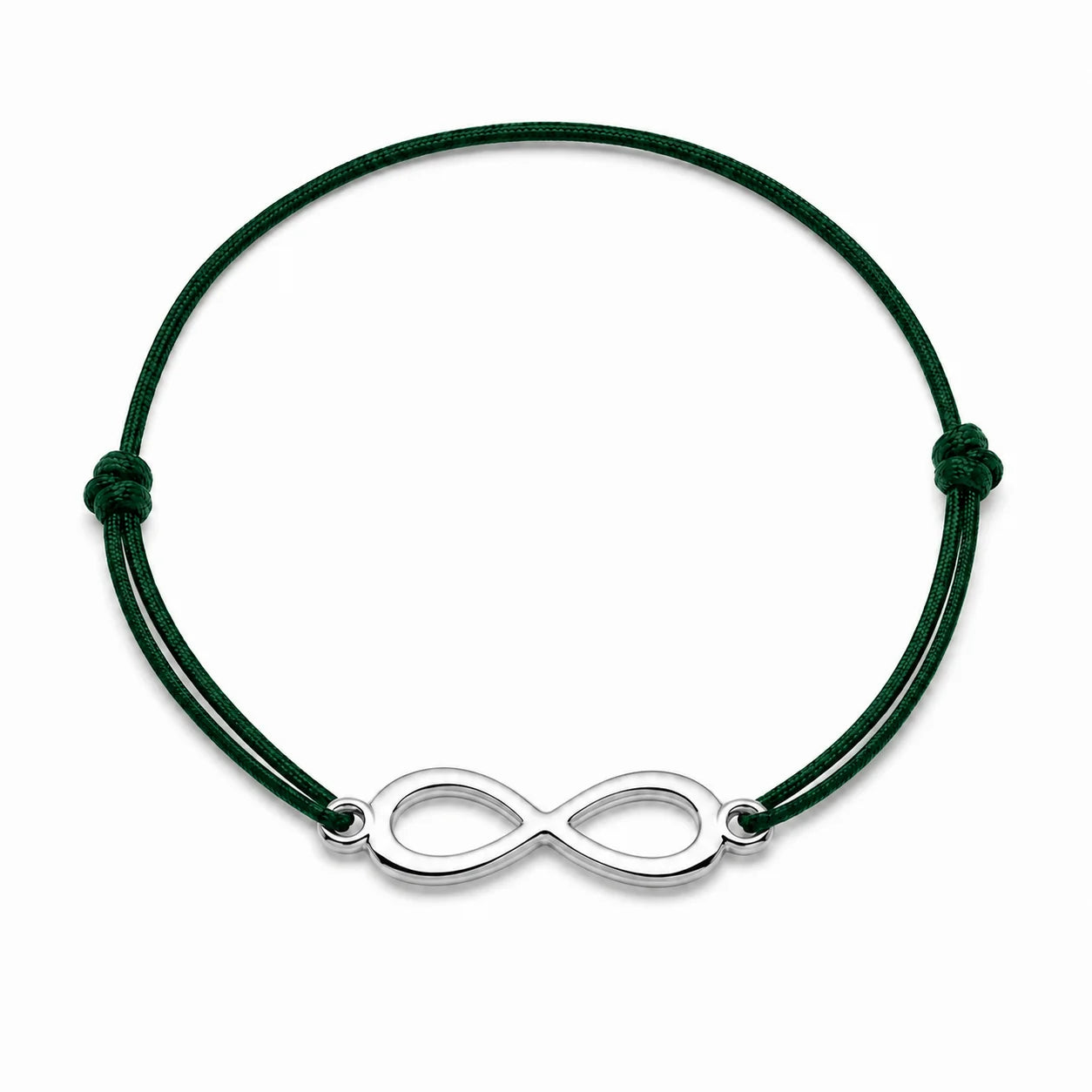 Bracelet infini argenté avec cordon vert, vue de face