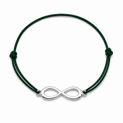 Bracelet infini argenté avec cordon vert, vue de face
