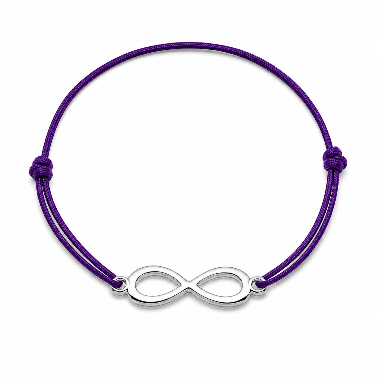Bracelet infini argenté avec cordon violet, vue de face