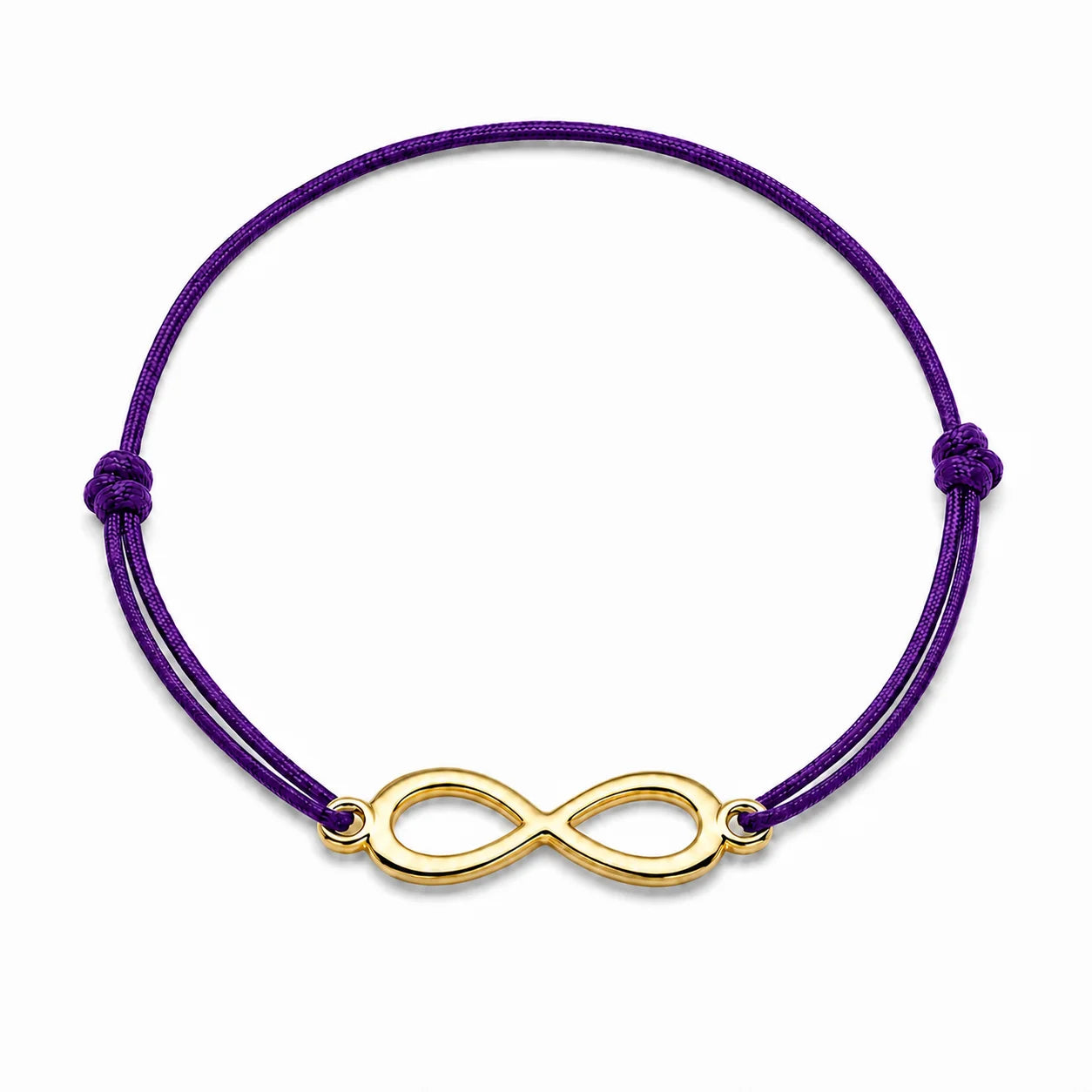 Bracelet infini doré avec cordon violet, vue de face