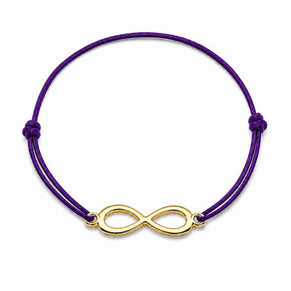 Bracelet infini doré avec cordon violet, vue de face