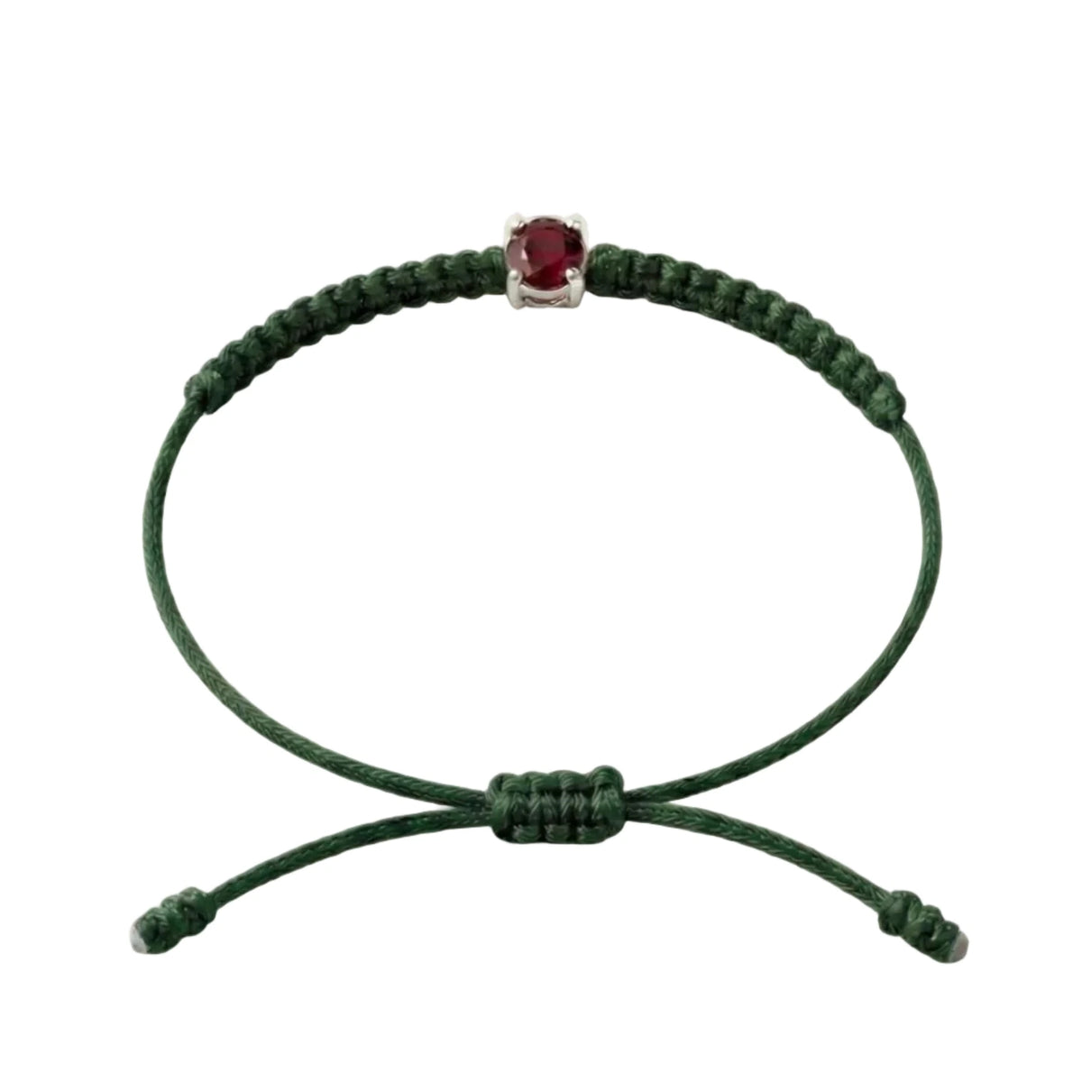 Bracelet cordon vert sapin, pierre de rubis rouge de laboratoire sertie sur or
750/1000, fermoir coulissant réglable
