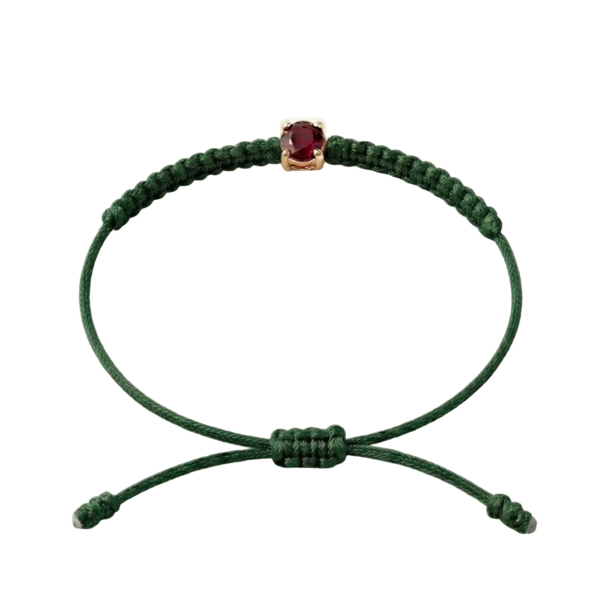 Bracelet cordon vert sapin, pierre de rubis rouge de laboratoire sertie sur or
750/1000, fermoir coulissant réglable