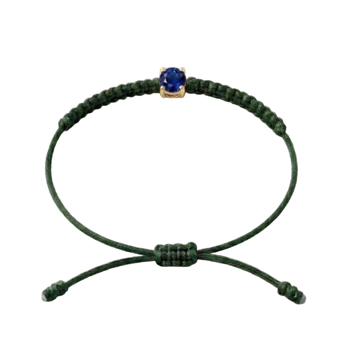 Bracelet cordon vert sapin, pierre de saphir bleu de laboratoire sertie sur or
750/1000, fermoir coulissant réglable
