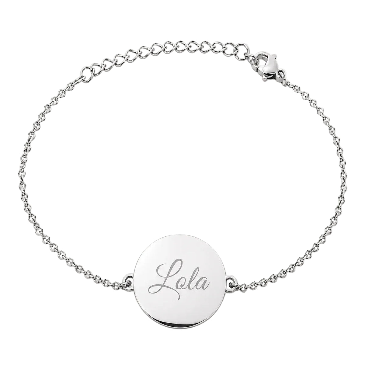 Bracelet médaille ovale personnalisable en acier inoxydable argent avec gravure prénom sur chaîne fine ajustable.