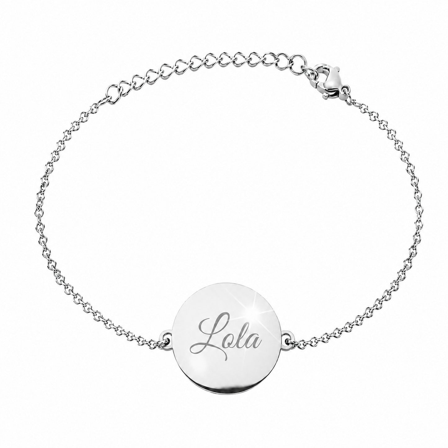 Bracelet médaille ovale personnalisable en acier inoxydable argent avec gravure prénom sur chaîne fine ajustable.