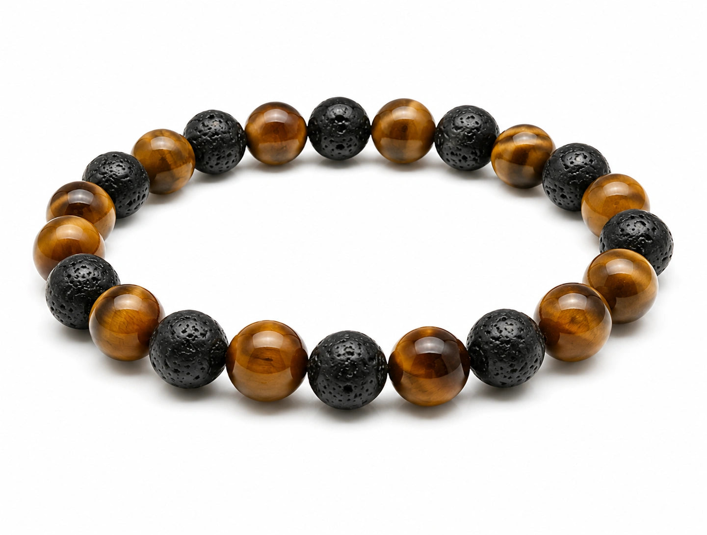 Bracelet élastique en perles d’œil-de-tigre marron et pierres de lave noires – Les Inséparables