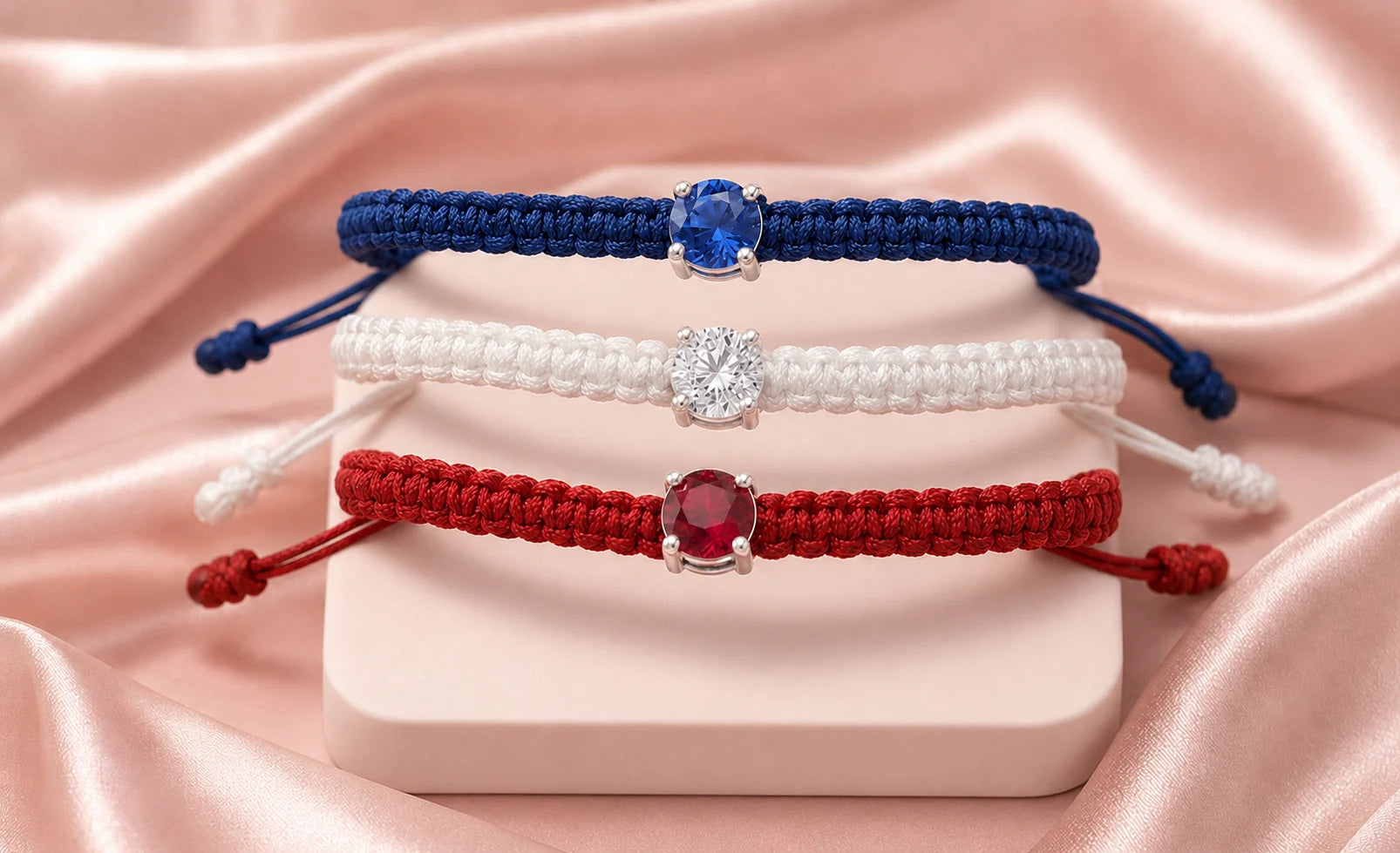 Trois bracelets cordon tressés bleu, blanc et rouge, ornés de pierres rondes bleue, transparente et rouge.