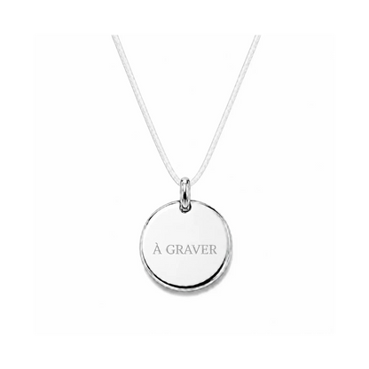 collier cordon blanc avec fermoir et médaille à graver argentée 8 mm ou 15 mm