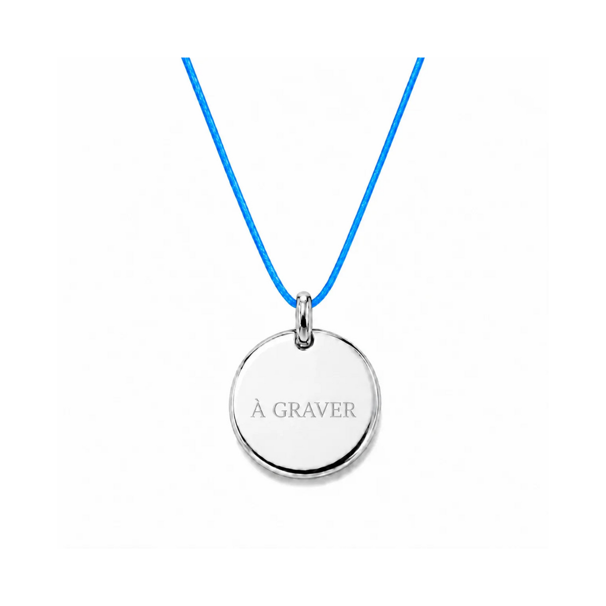 collier cordon bleu clair avec fermoir et médaille à graver argentée 8 mm ou 15 mm