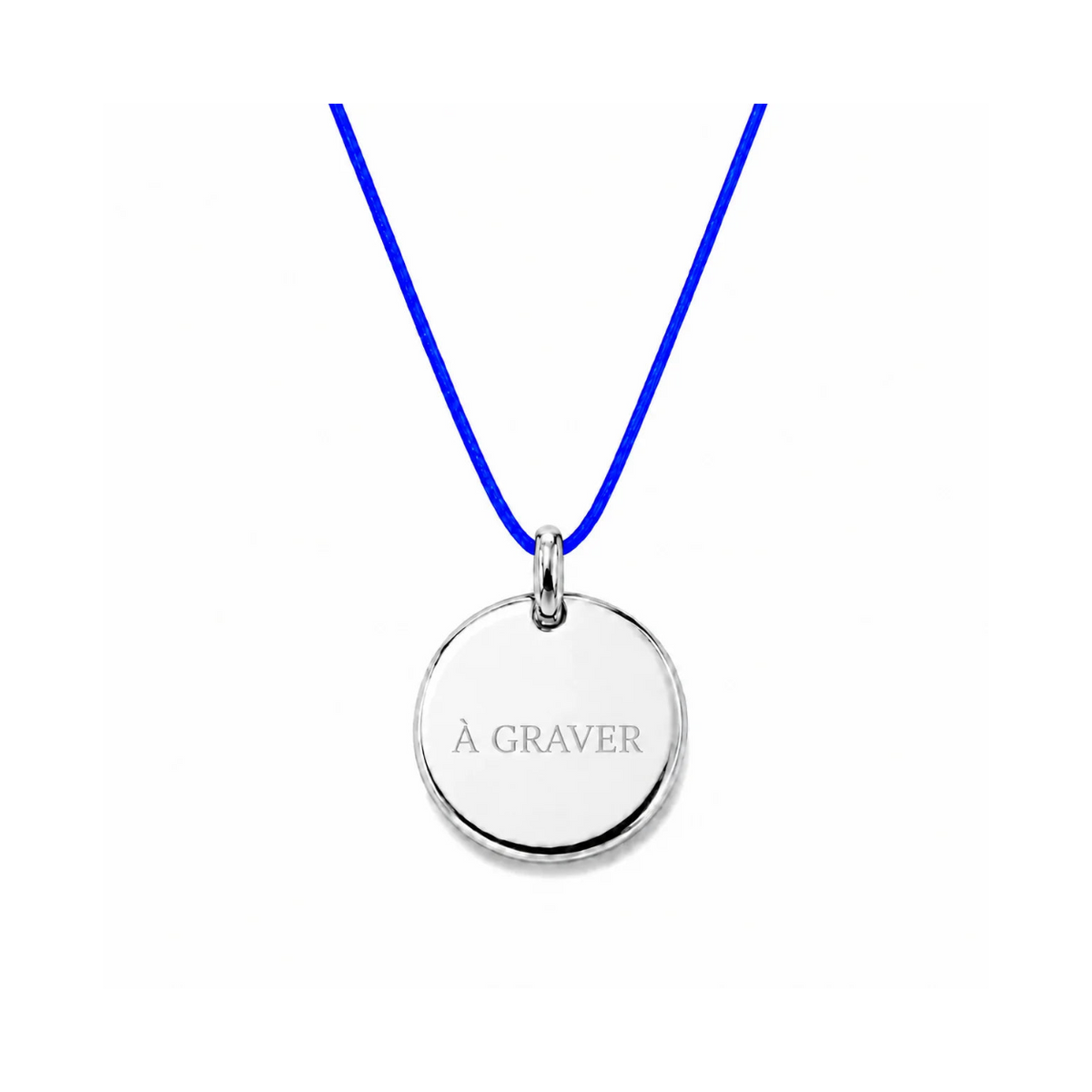 collier cordon bleu roi avec fermoir et médaille à graver argentée 8 mm ou 15 mm